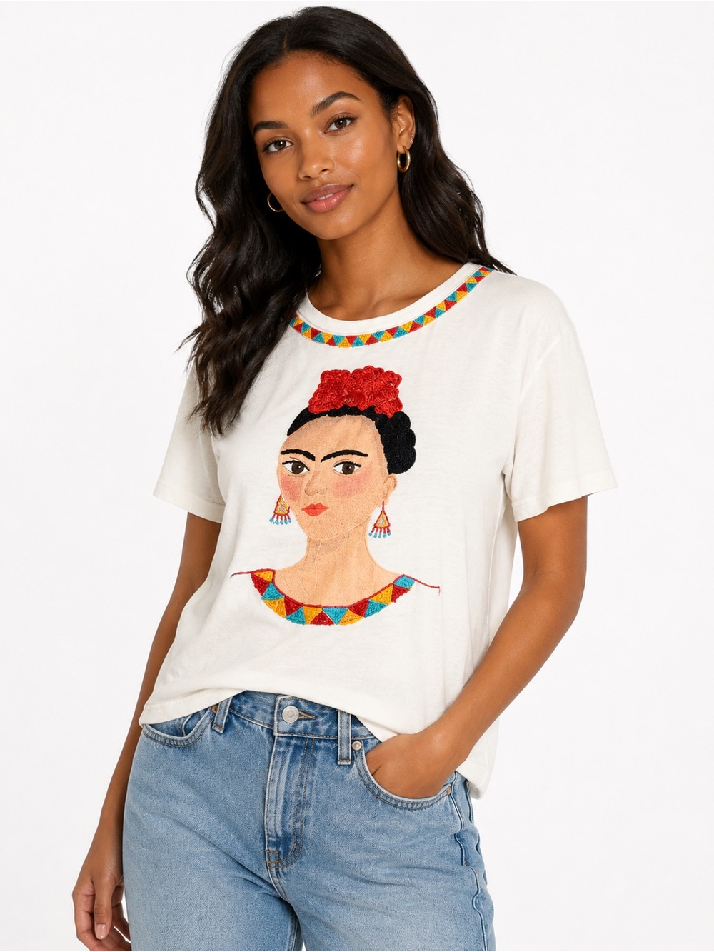 Yazbek Frida Kahlo Embroidered Art Pop Graphic Tee White Size Large
